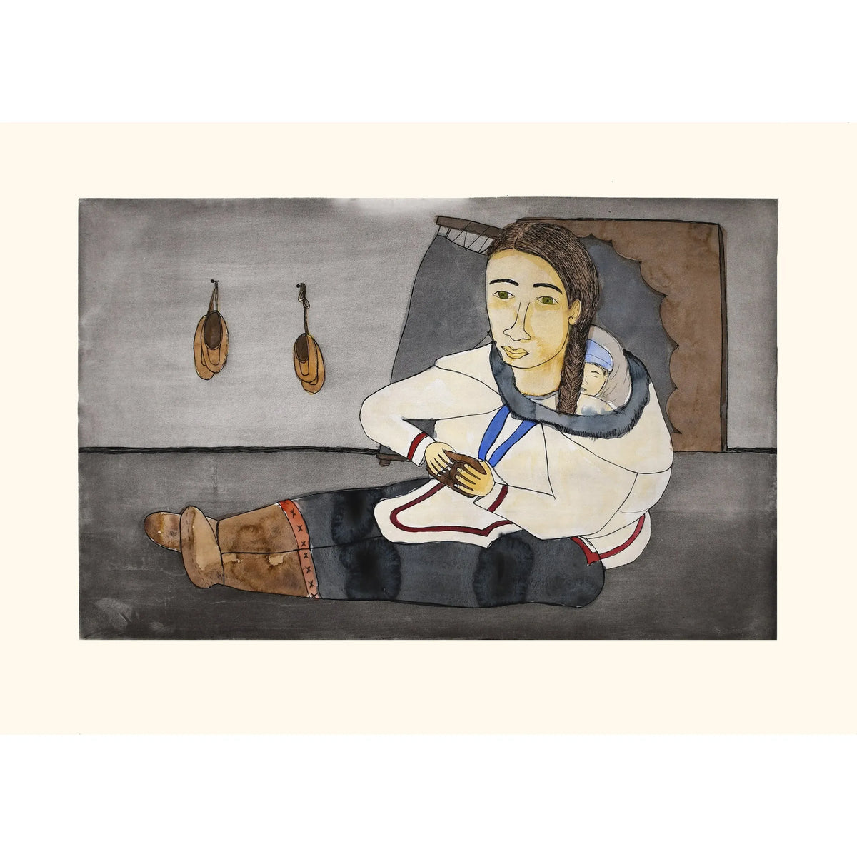 Shuvinai Ashoona, Holding onto baby Kamiks, hand-coloured etching, 2023