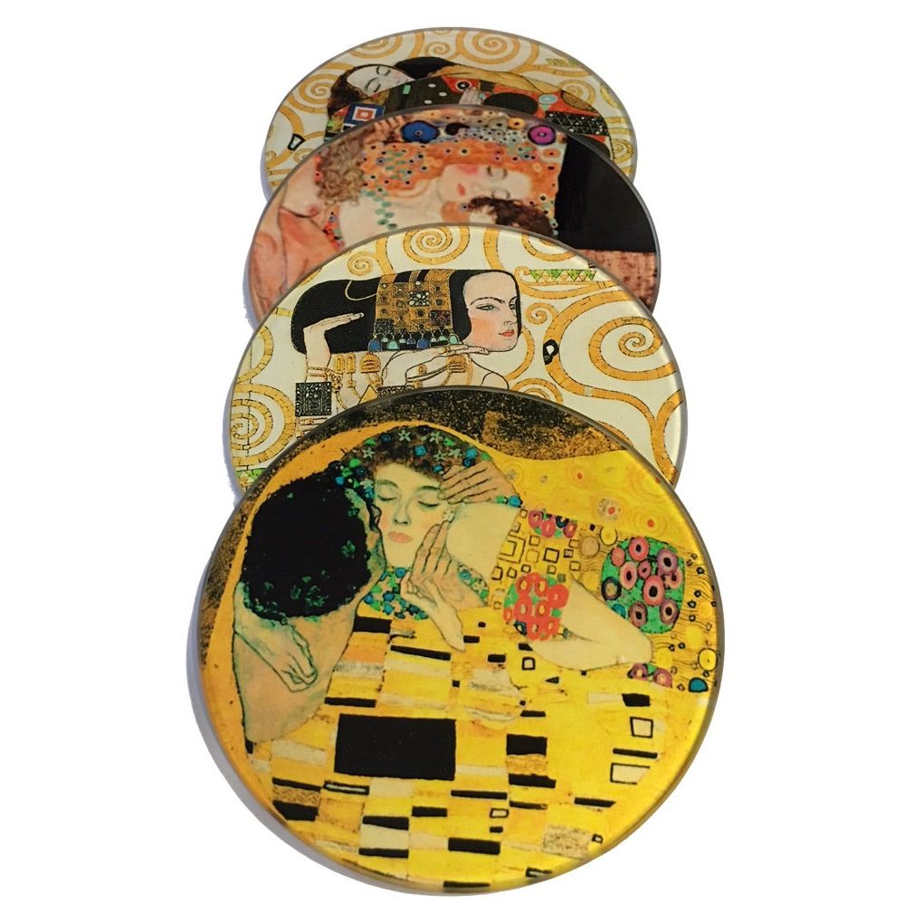 Glass Coasters - Gustav Klimt paintings, set of 4, with stand