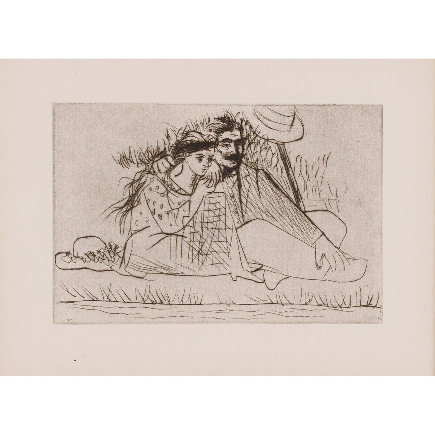 Pablo Picasso, Original Drypoint Etching "Au bord de la rivière. Le couple dans l'herbe"