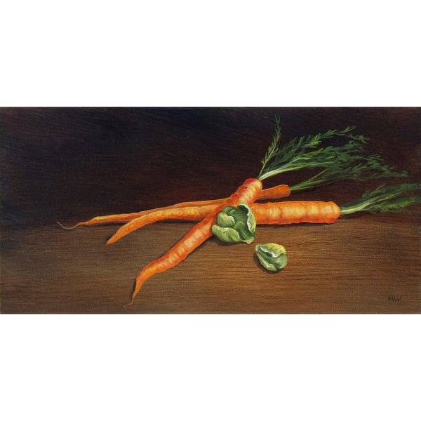 Marion Webber, Carrots & Brussel Sprouts, Oil on board