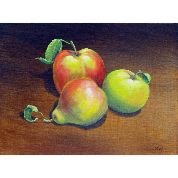 Marion Webber, Two Apples & a Pear, Oil on board